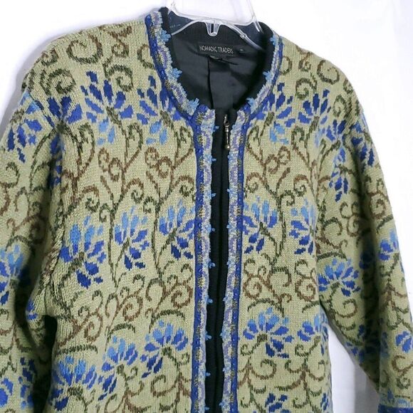 Vintage Nomadic Traders Wool Sweater Jacket M Green Blue Floral Zip Up Boho - Picture 3 of 5